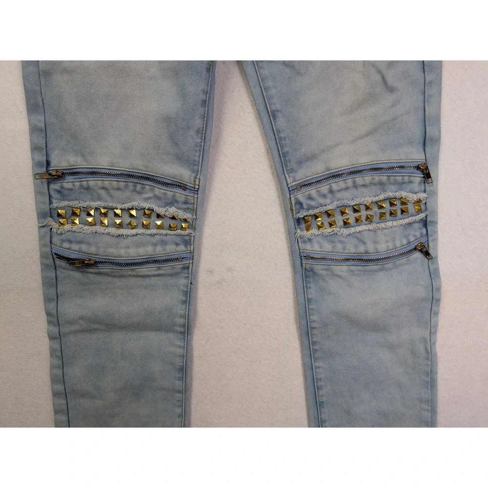 Finest Threads NY Mens Biker Jeans 34 x 32 Studded Zipper Distressed Blue